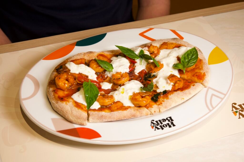 Shrimp flatbread pizza with burrata and basil at Holy Belly Bangkok